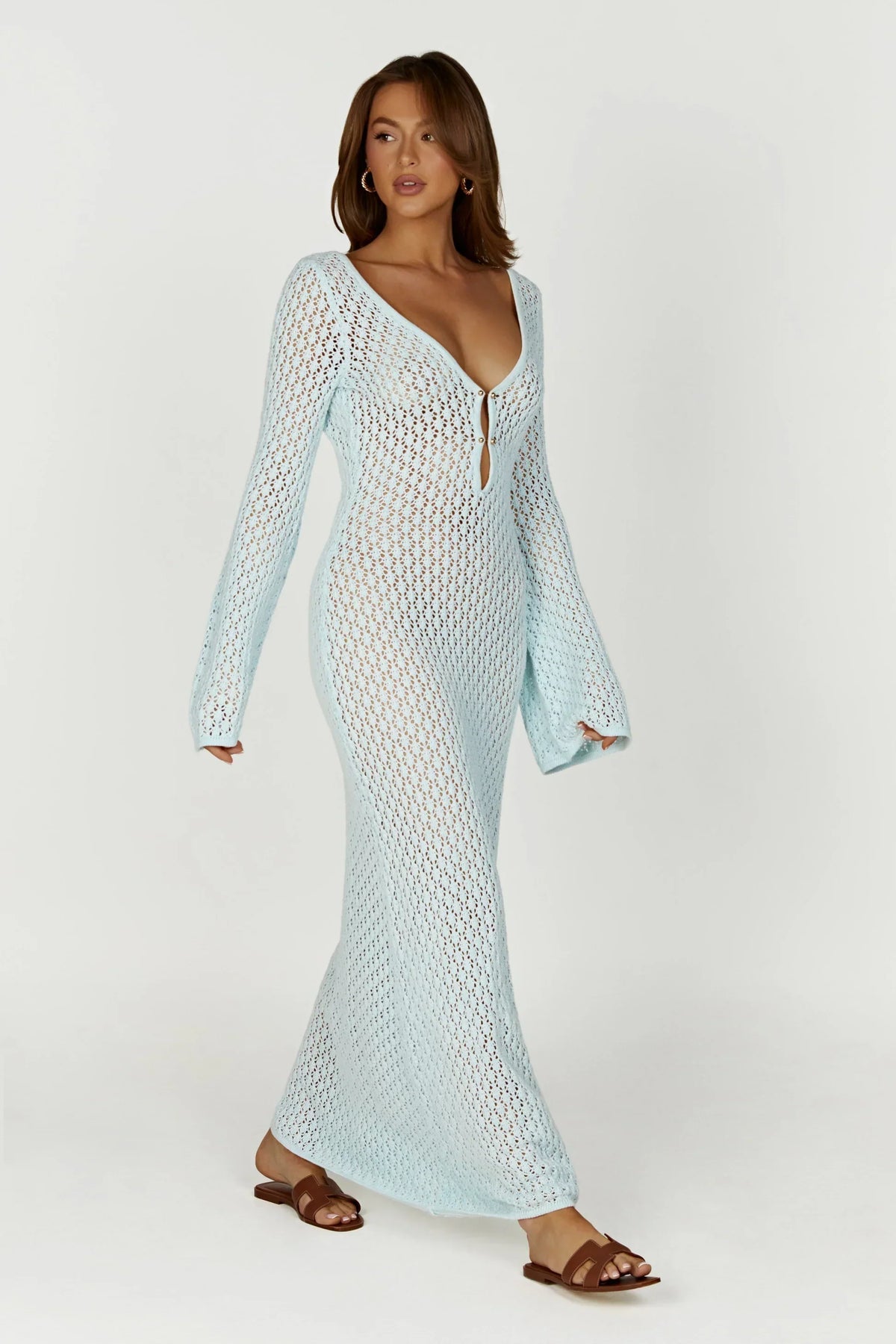 Kelsey | Breezy Flared Sleeve Open-Knit Maxi Dress