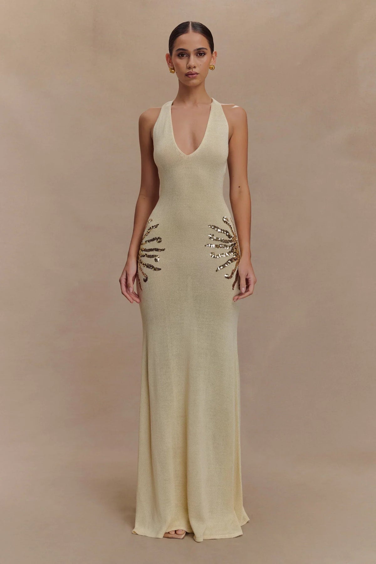 Corinne | Plunging Open-Back Sequin Sunburst Maxi Dress