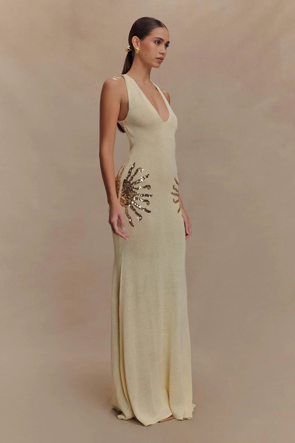 Corinne | Plunging Open-Back Sequin Sunburst Maxi Dress