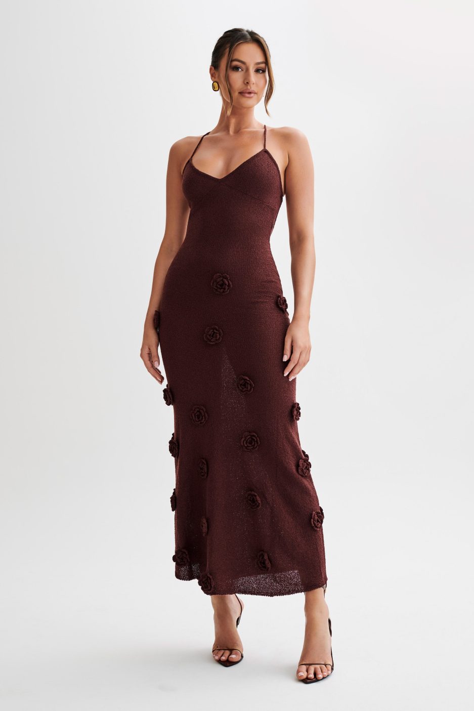 Trice | Lace-Up Open Back V-Neck 3D Floral Knit Maxi Dress