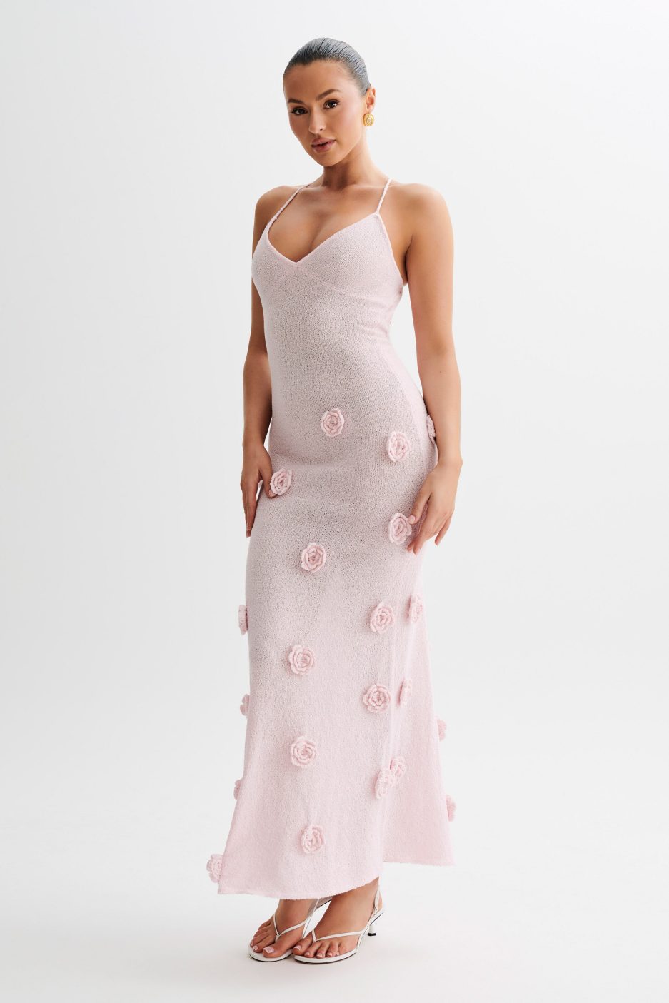 Trice | Lace-Up Open Back V-Neck 3D Floral Knit Maxi Dress