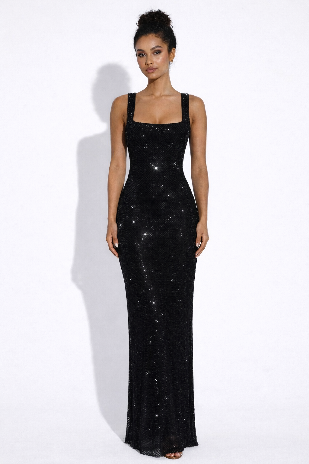 Olivia | Embellished Square Neck Crystal Mesh Maxi Dress