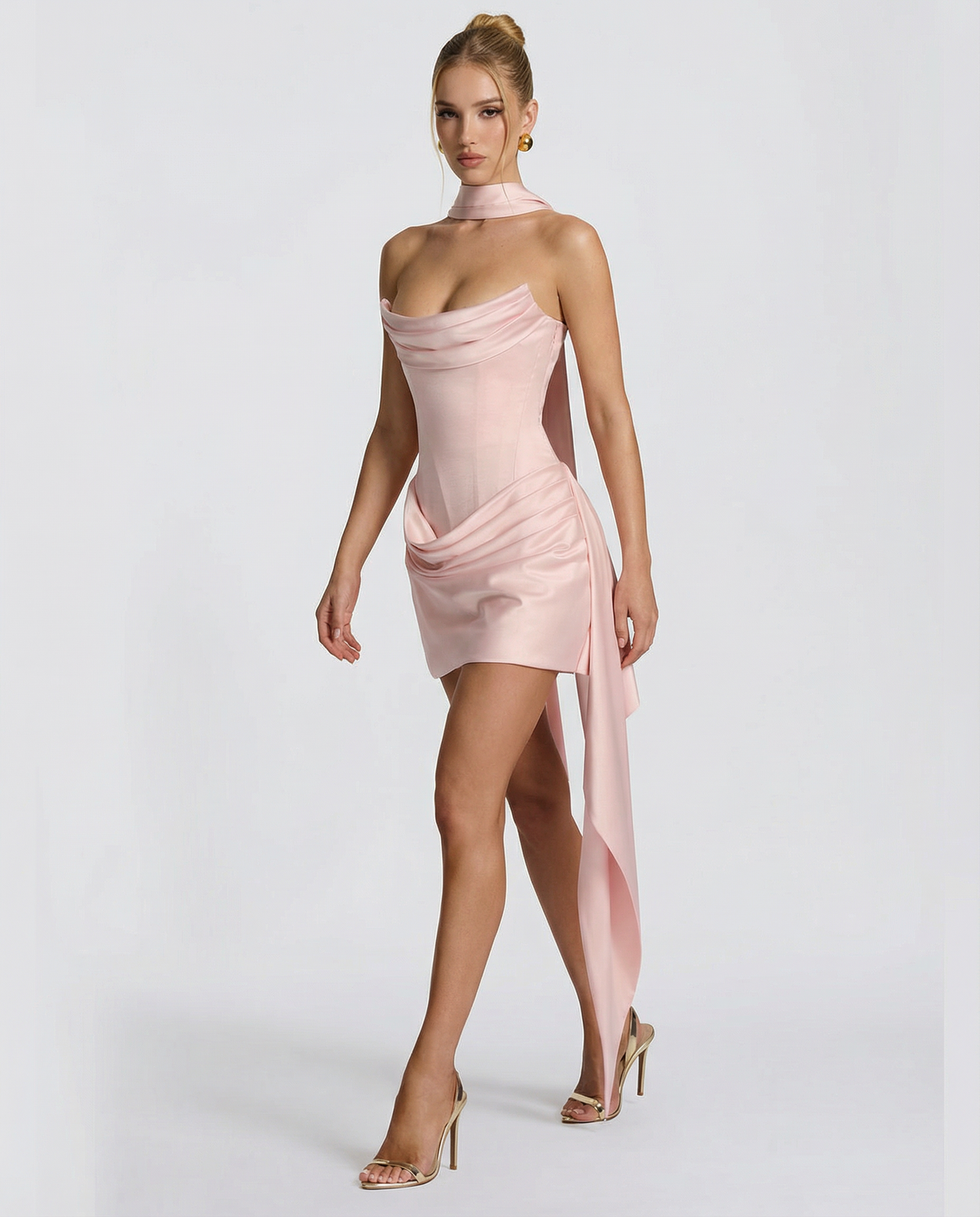 Lux | Draped Halter Asymmetric Sash Corset Mini Dress