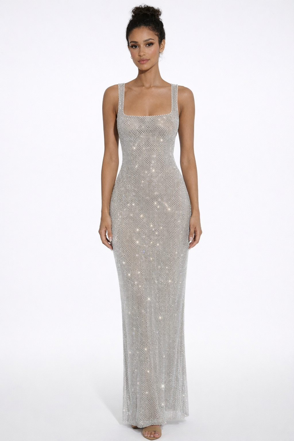 Olivia | Embellished Square Neck Crystal Mesh Maxi Dress