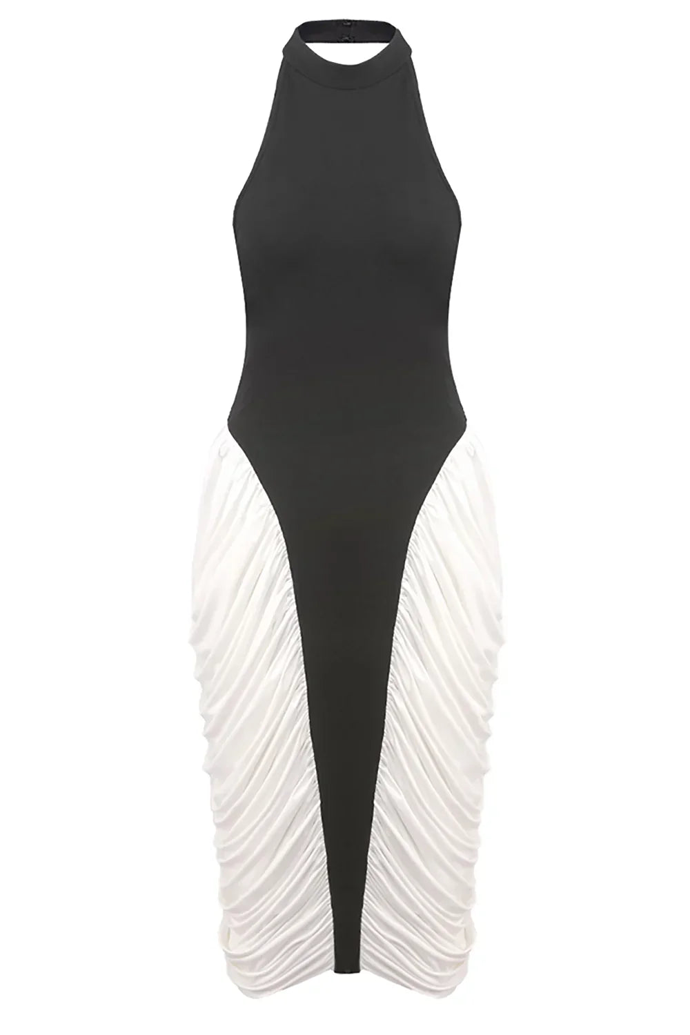 Francesca | Women's Black & White High-Neck Sleeveless Backless Pleated Midi Dress
