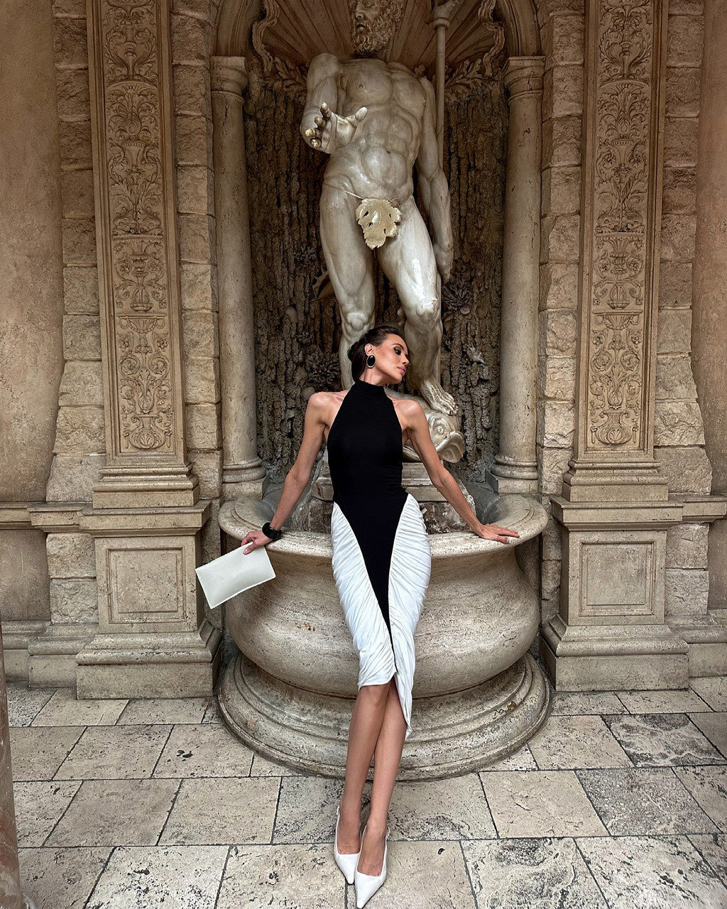Francesca | Women's Black & White High-Neck Sleeveless Backless Pleated Midi Dress