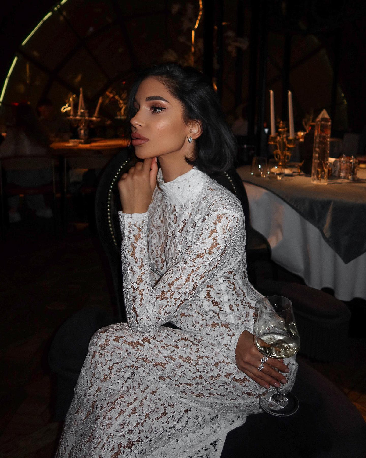 Raina | Women's White High-Neck Long-Sleeve Corset-Inspired Lace Maxi Dress