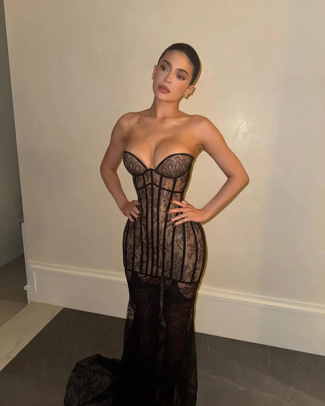 Serenity | Women's Black Strapless Lace Bustier Corset Maxi Dress