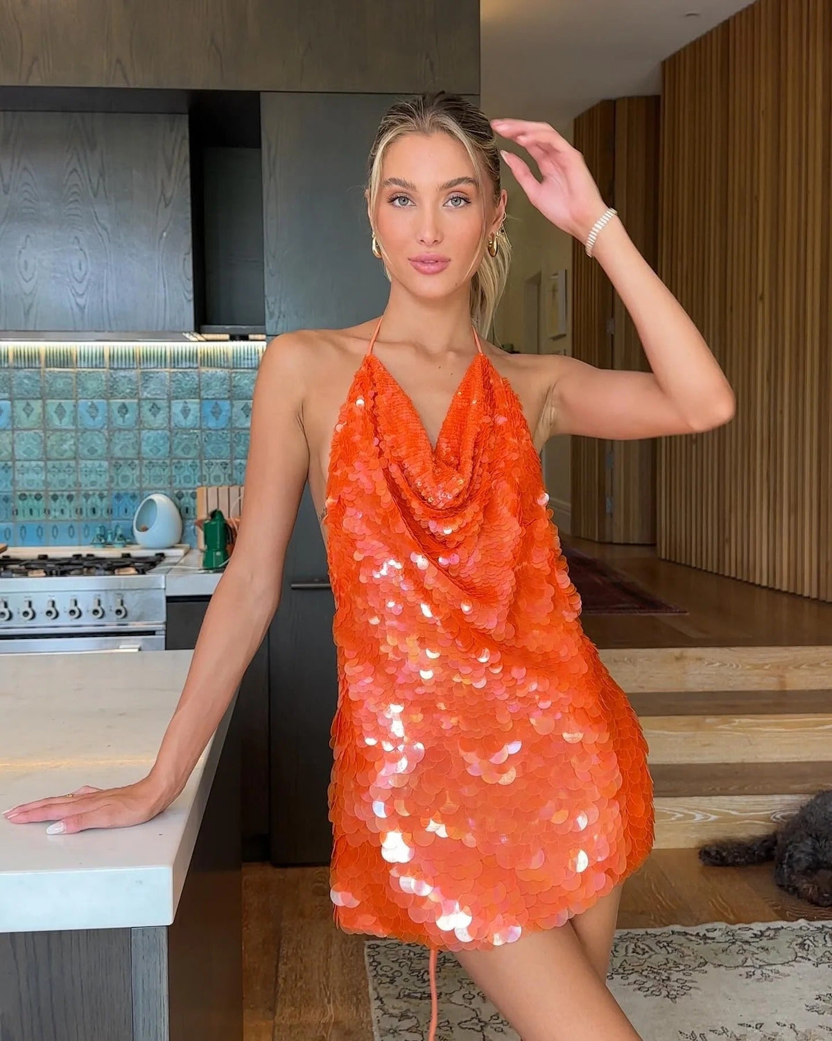 Livia | Women's Orange Sleeveless Sequin Mini Summer Party Dress