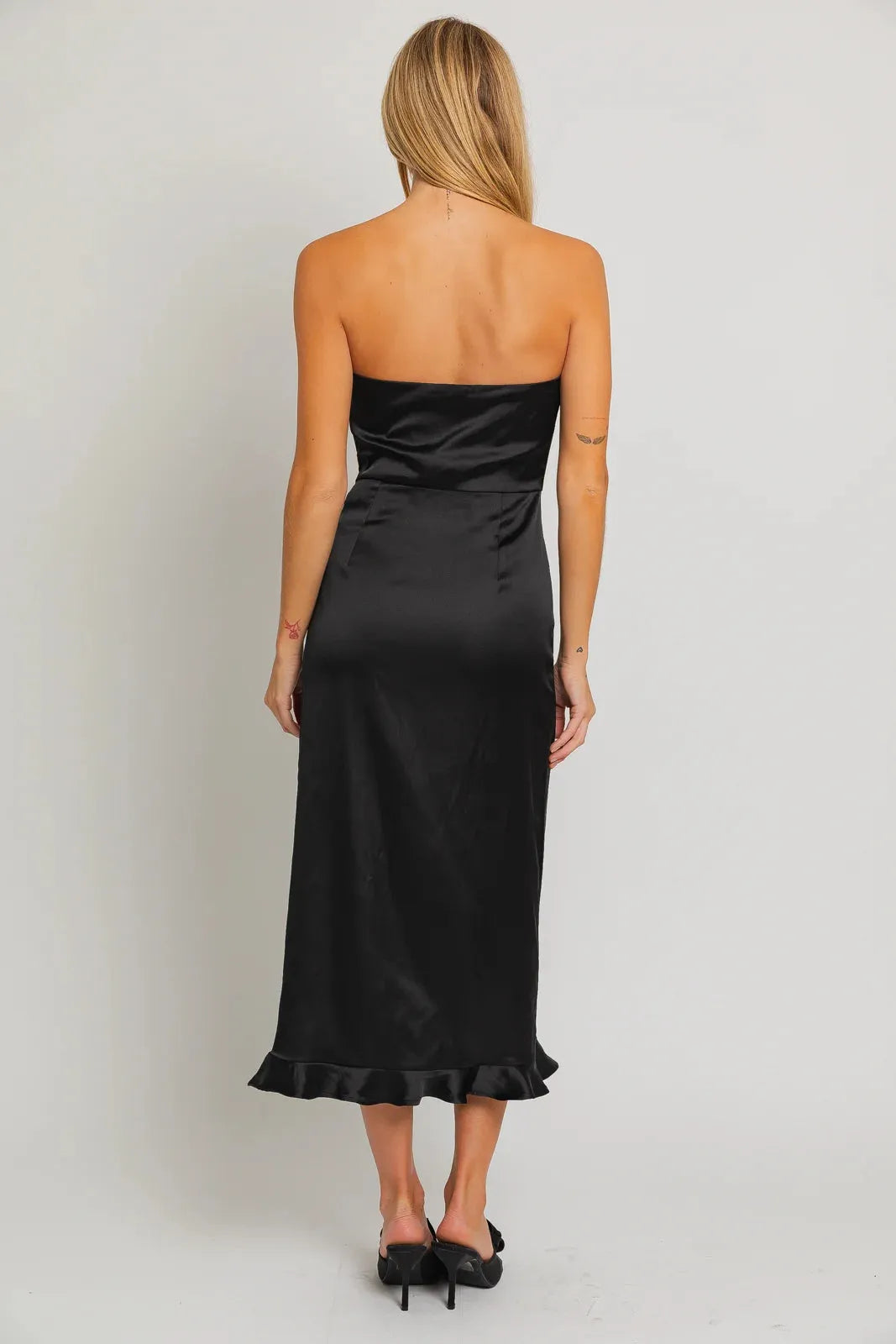 Luna | Front Slit Elegant Satin Strapless Ruffle Midi Dress