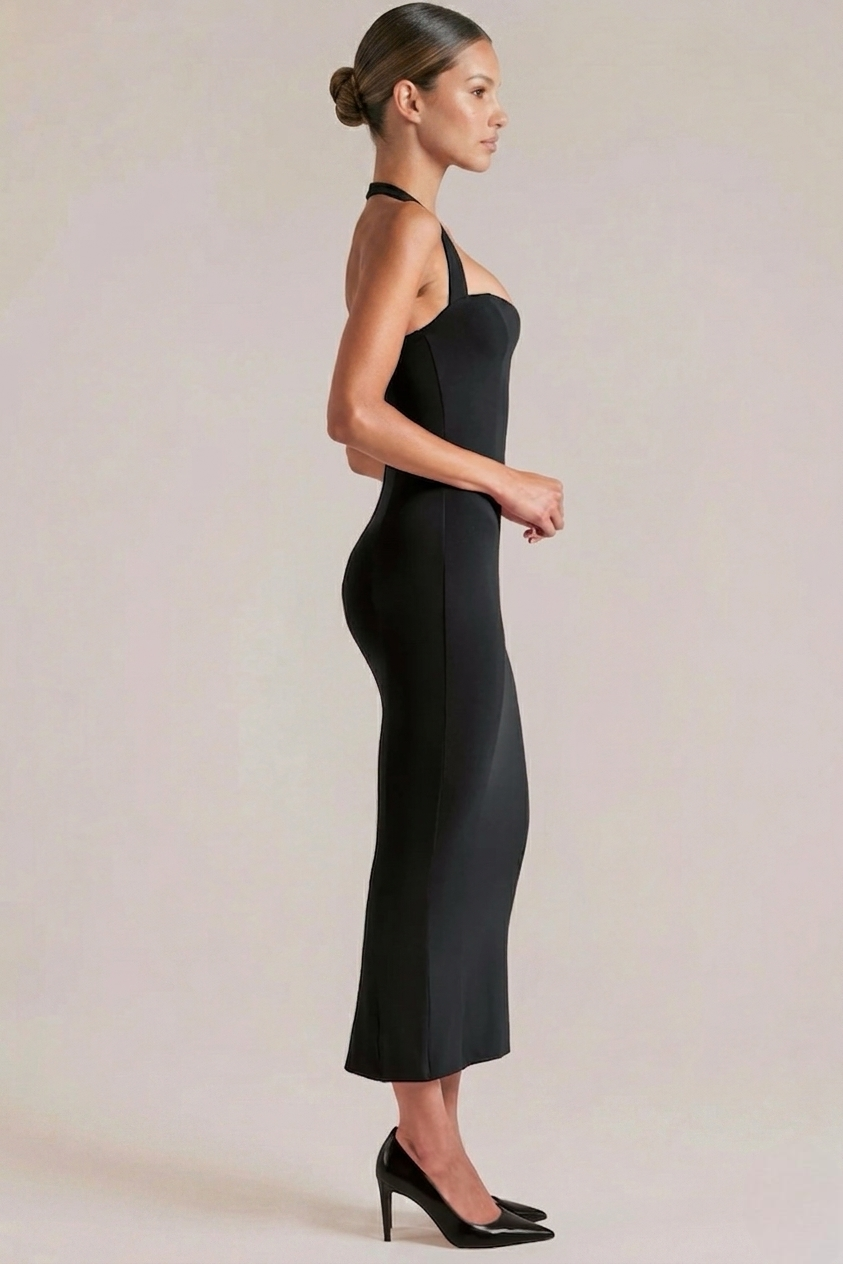 Clara | Halter Sweetheart Midi Sculpting with Fluted Hem Dress