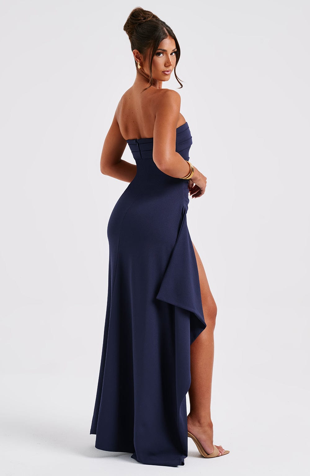 Meadow | Strapless Ruched Crepe Thigh-High Split Maxi Dress