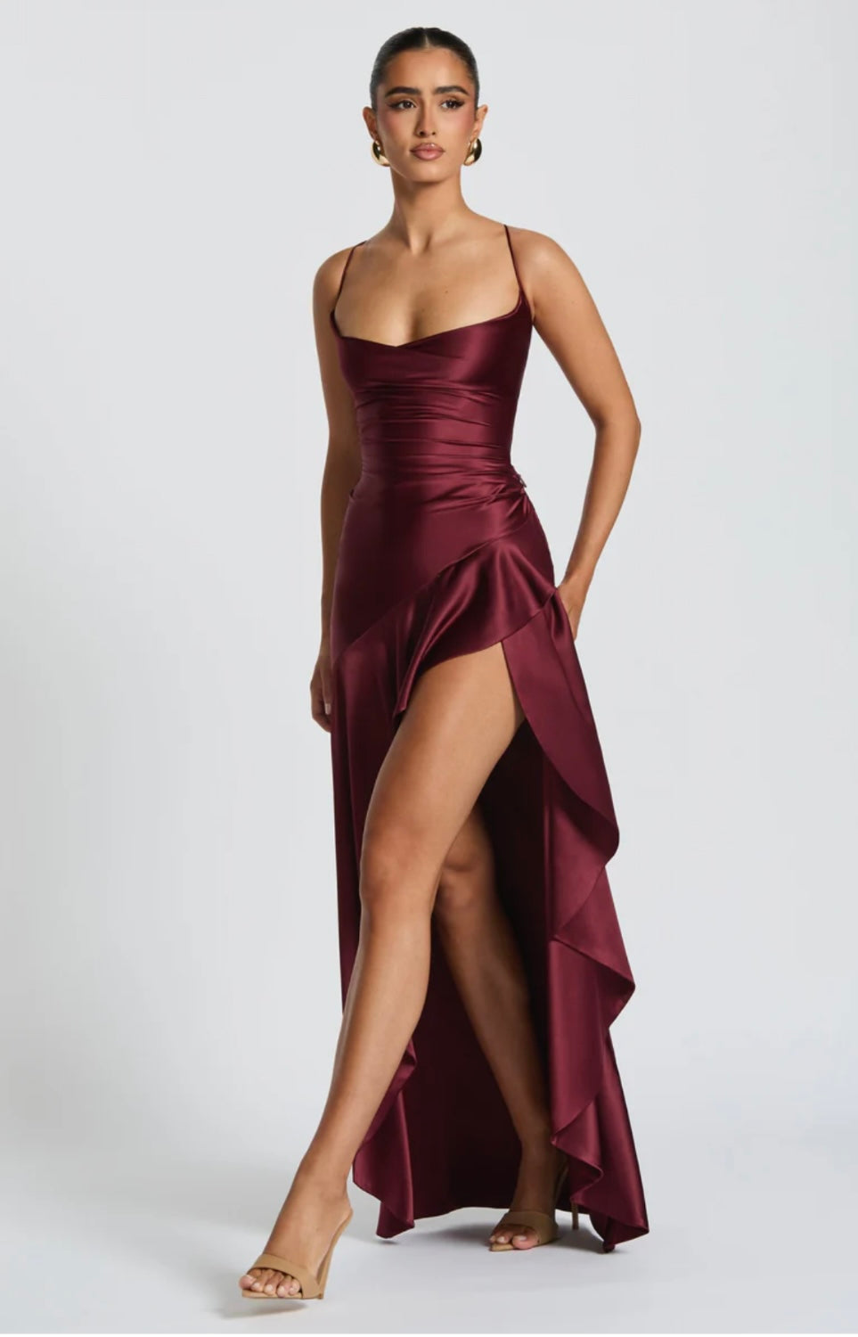 Lucia | High-Low Ruffle Hem Satin Twist Cowl Maxi Dress