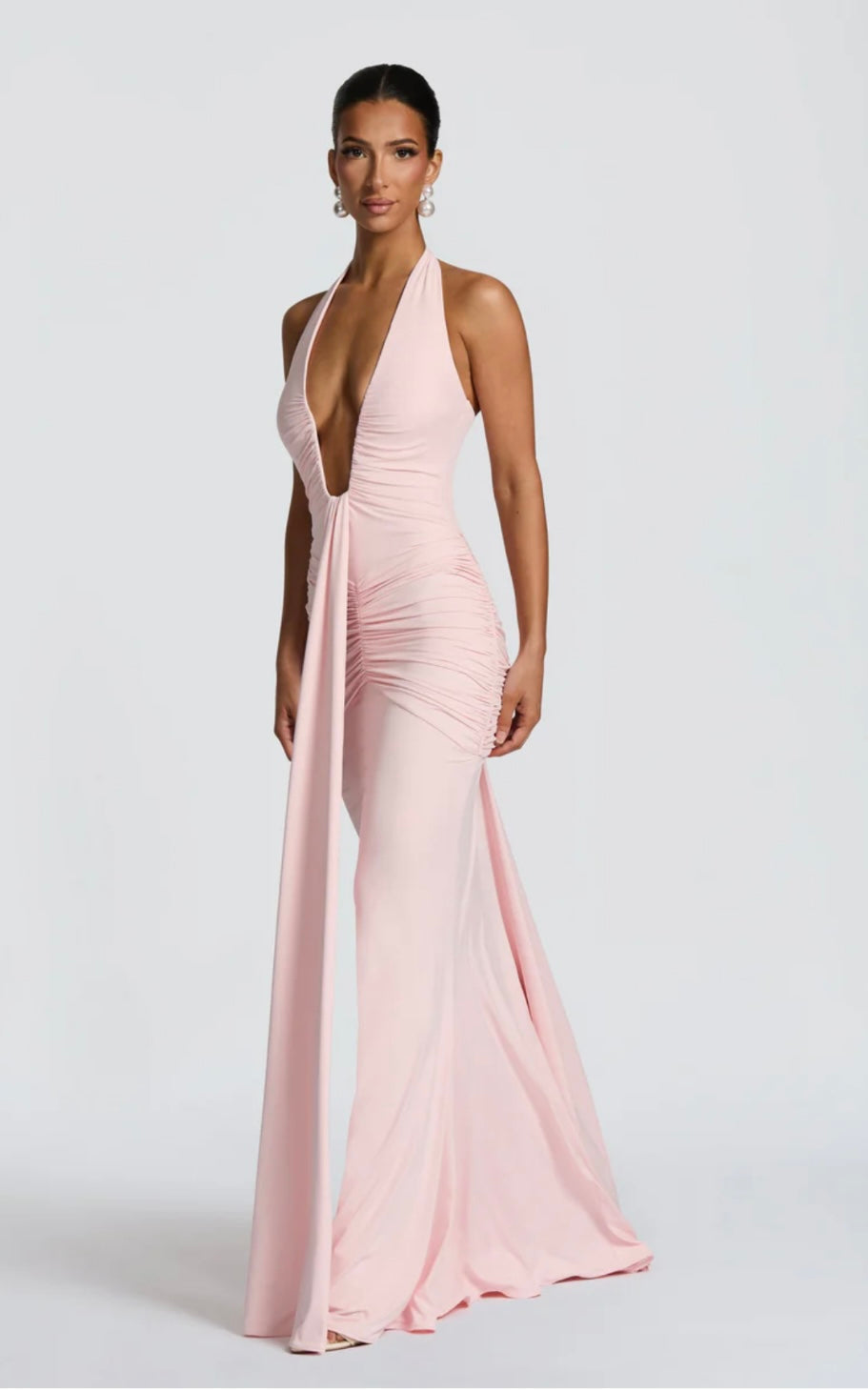 Natasha | Ruched Bodycon Plunging Halter Maxi Dress