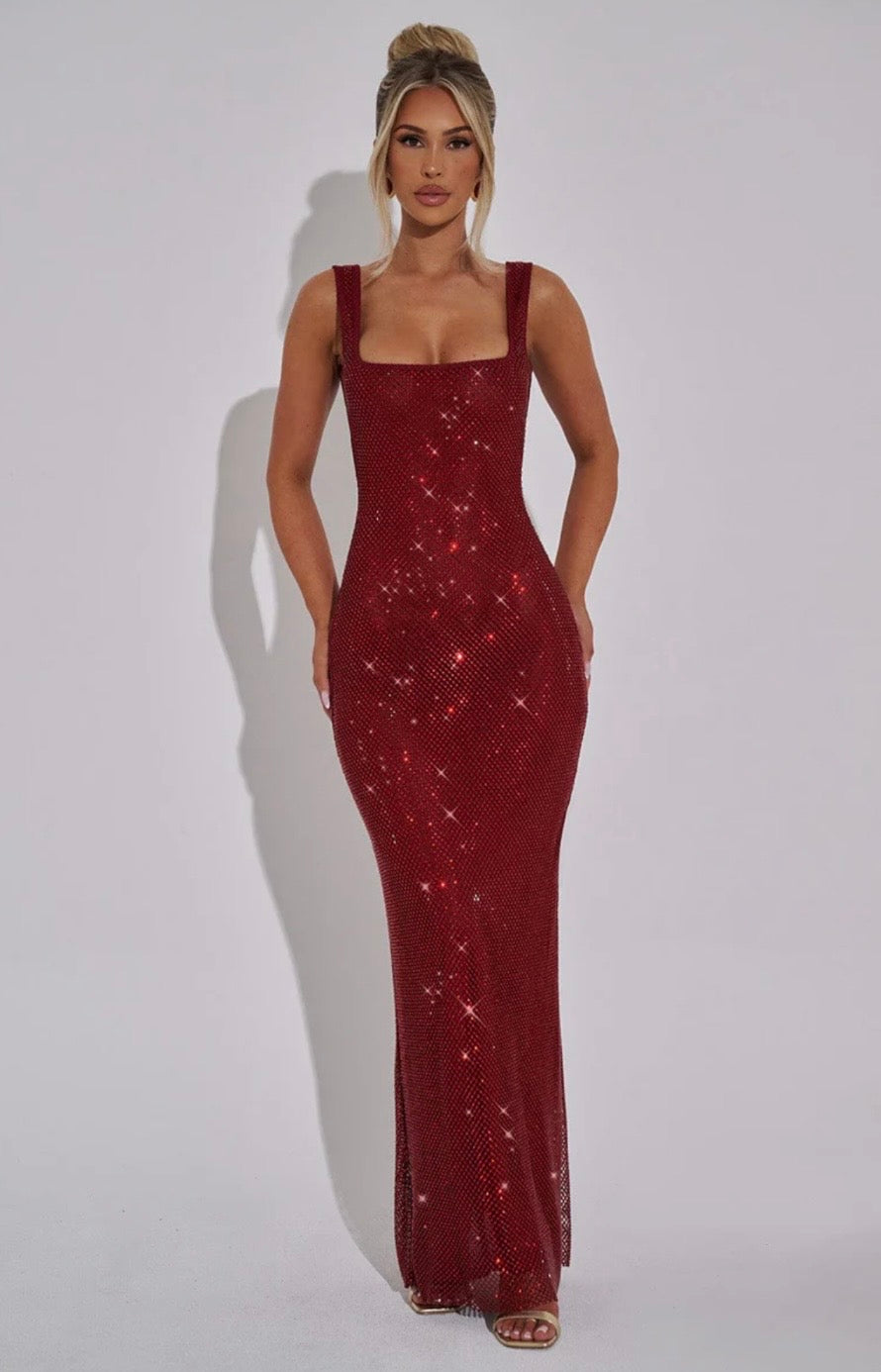 Elara | Sculpted Square Neck Crystal Mesh Maxi Dress