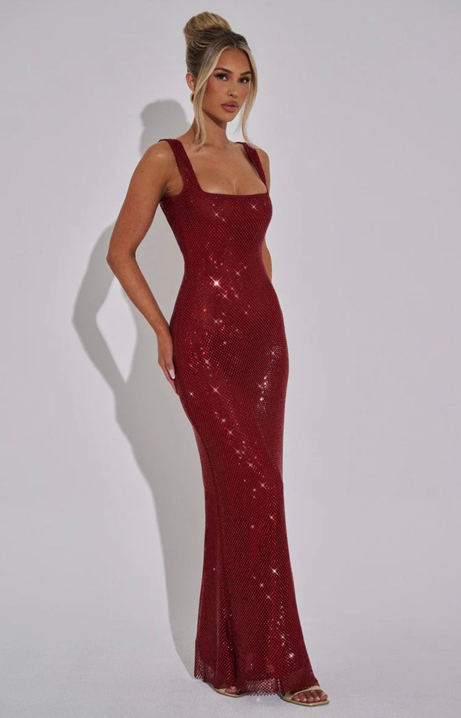 Olivia | Embellished Square Neck Crystal Mesh Maxi Dress