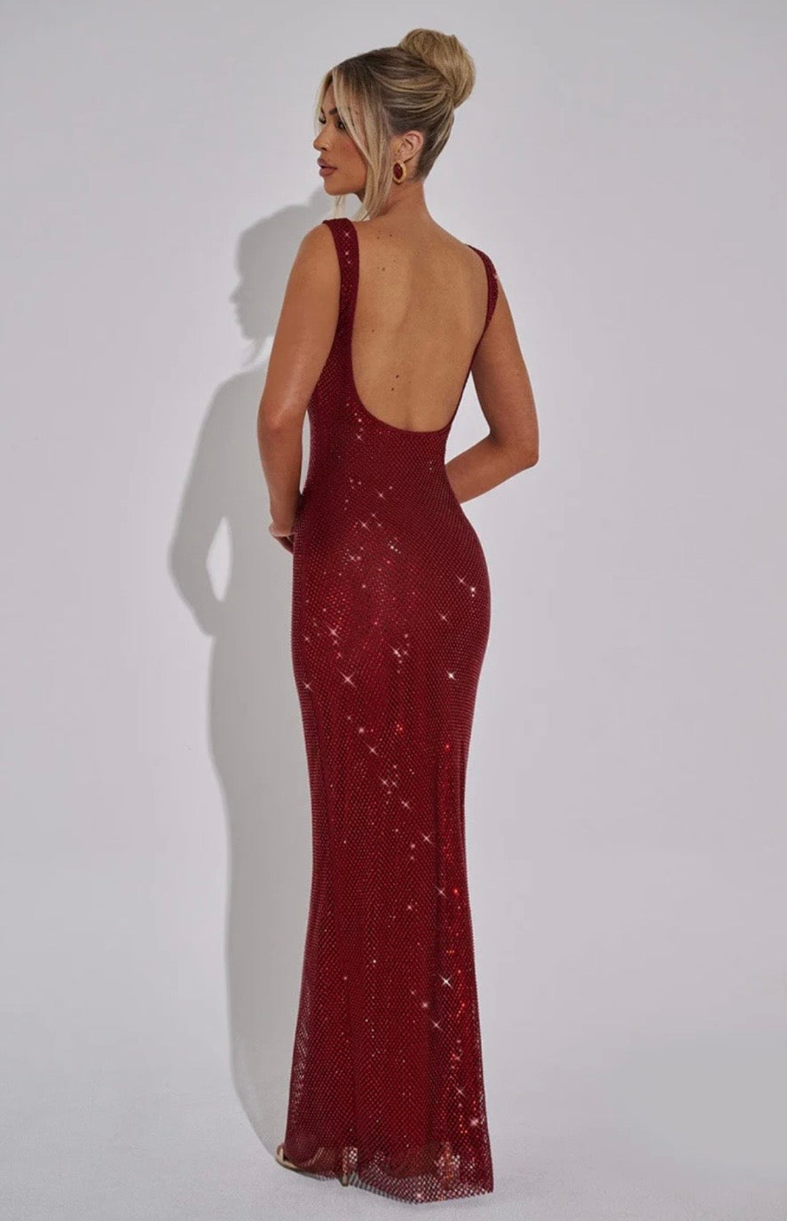 Olivia | Embellished Square Neck Crystal Mesh Maxi Dress