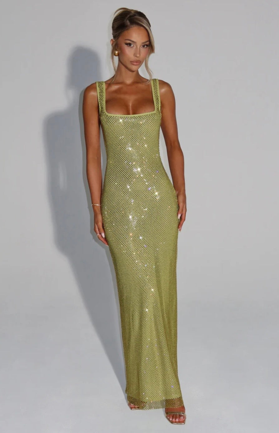 Olivia | Embellished Square Neck Crystal Mesh Maxi Dress