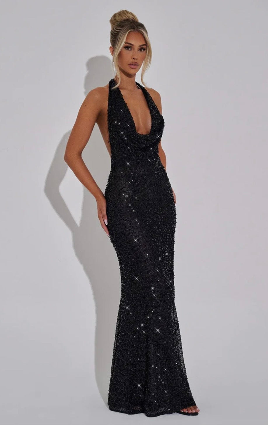 Stellara | Embellished Open Back Sequin Net Halter Maxi Dress