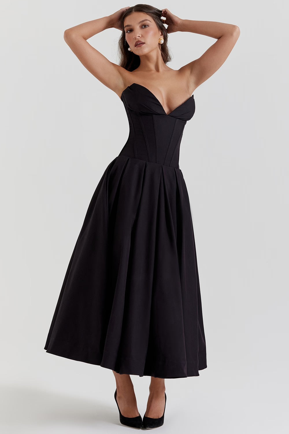 Nyssa | Full Pleated Romantic Silhouette Boned Corset Midi Dress