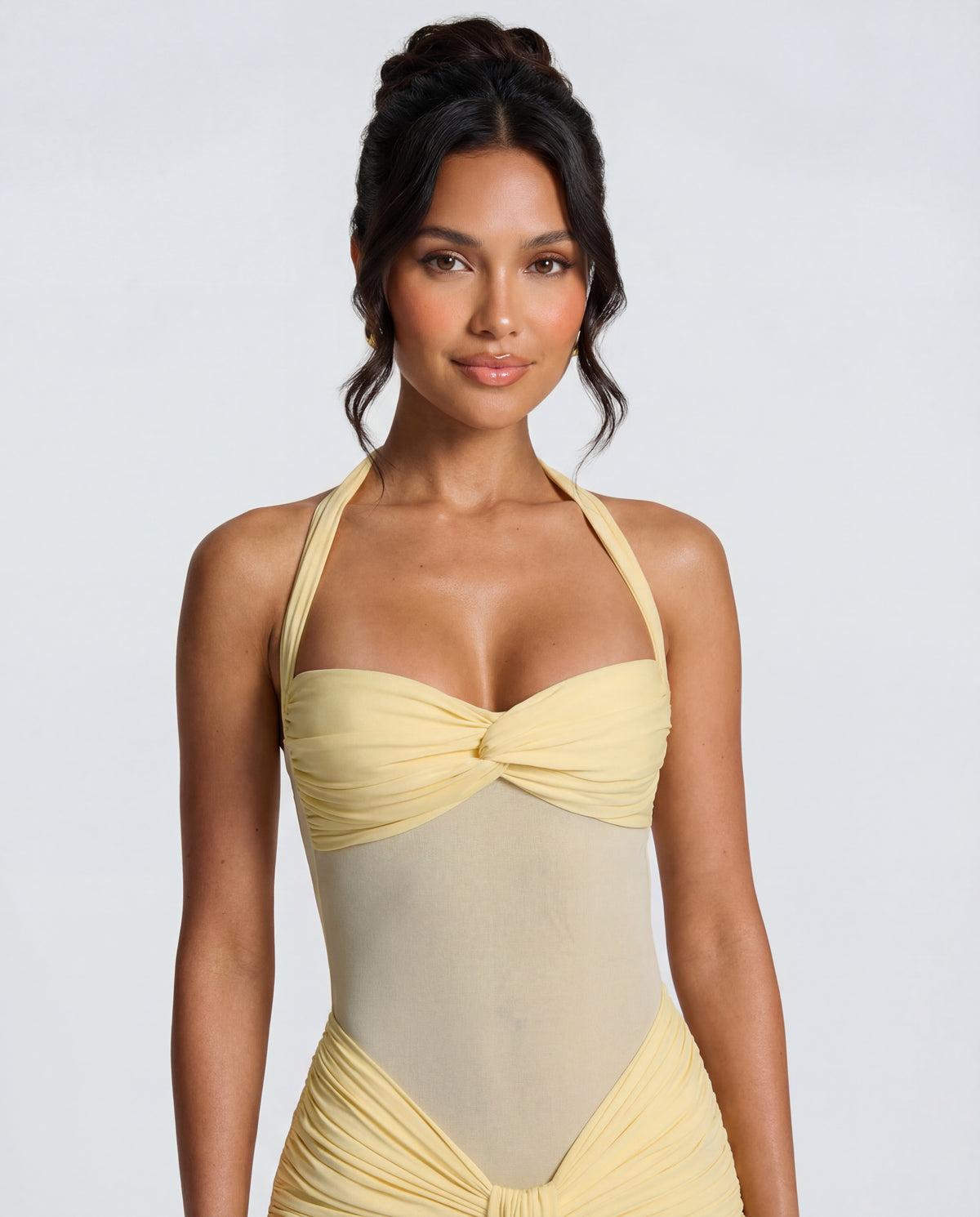 Rosabella | Radiant Yellow Halter Neck Ruched Maxi Dress