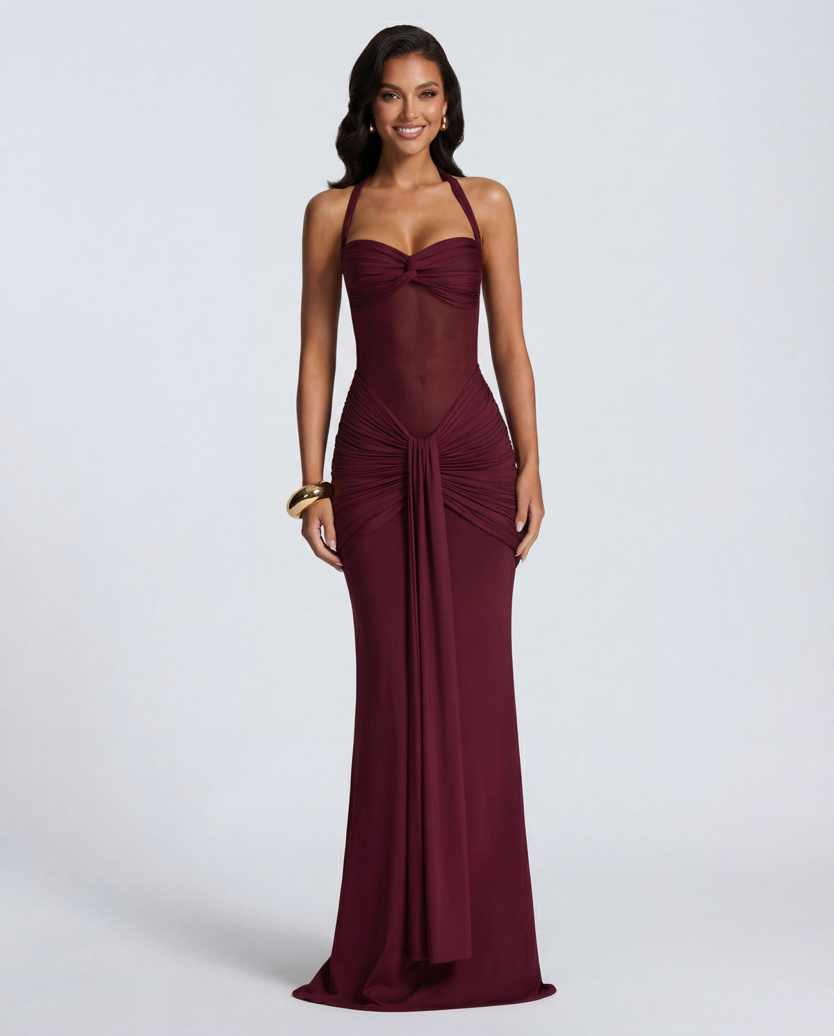 Rosabella | Radiant Yellow Halter Neck Ruched Maxi Dress