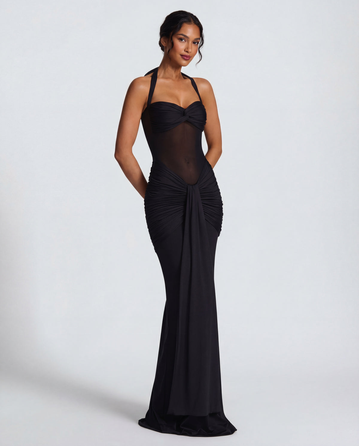 Rosabella | Radiant Yellow Halter Neck Ruched Maxi Dress