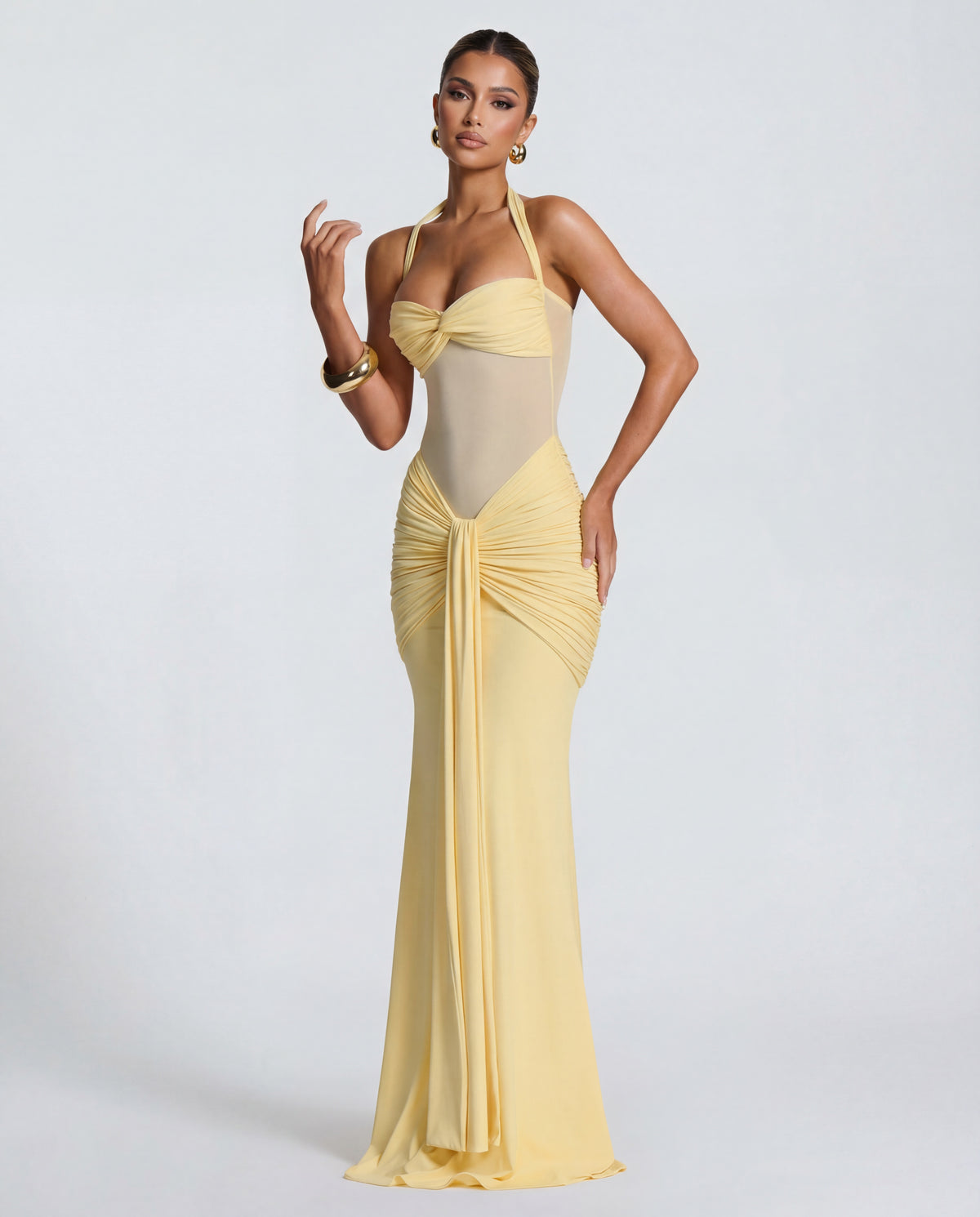 Rosabella | Radiant Yellow Halter Neck Ruched Maxi Dress