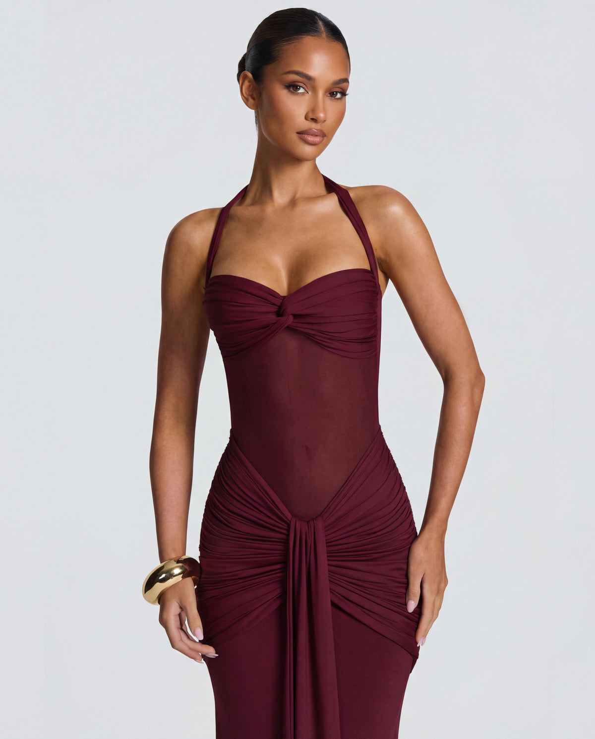 Rosabella | Radiant Yellow Halter Neck Ruched Maxi Dress