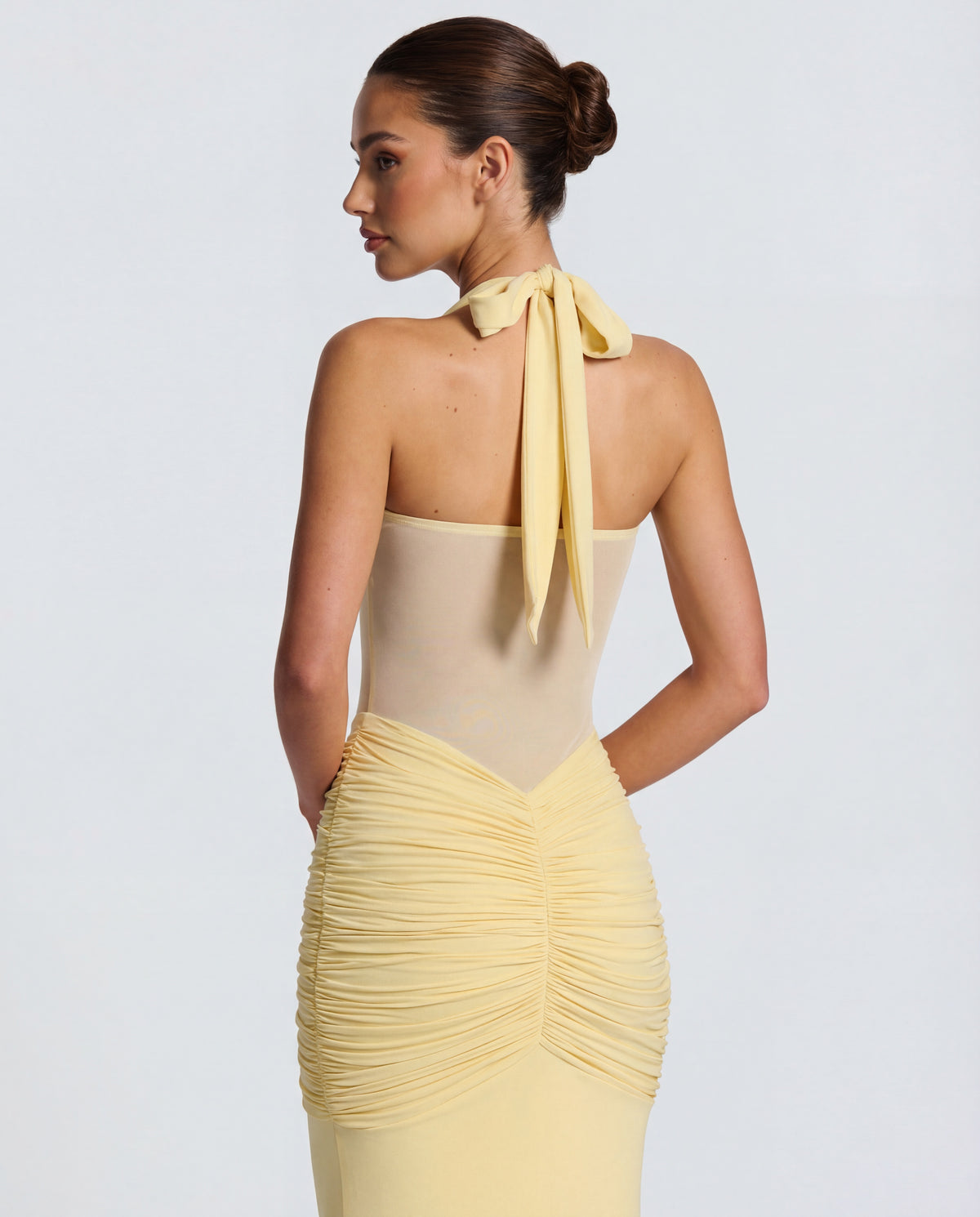 Rosabella | Radiant Yellow Halter Neck Ruched Maxi Dress