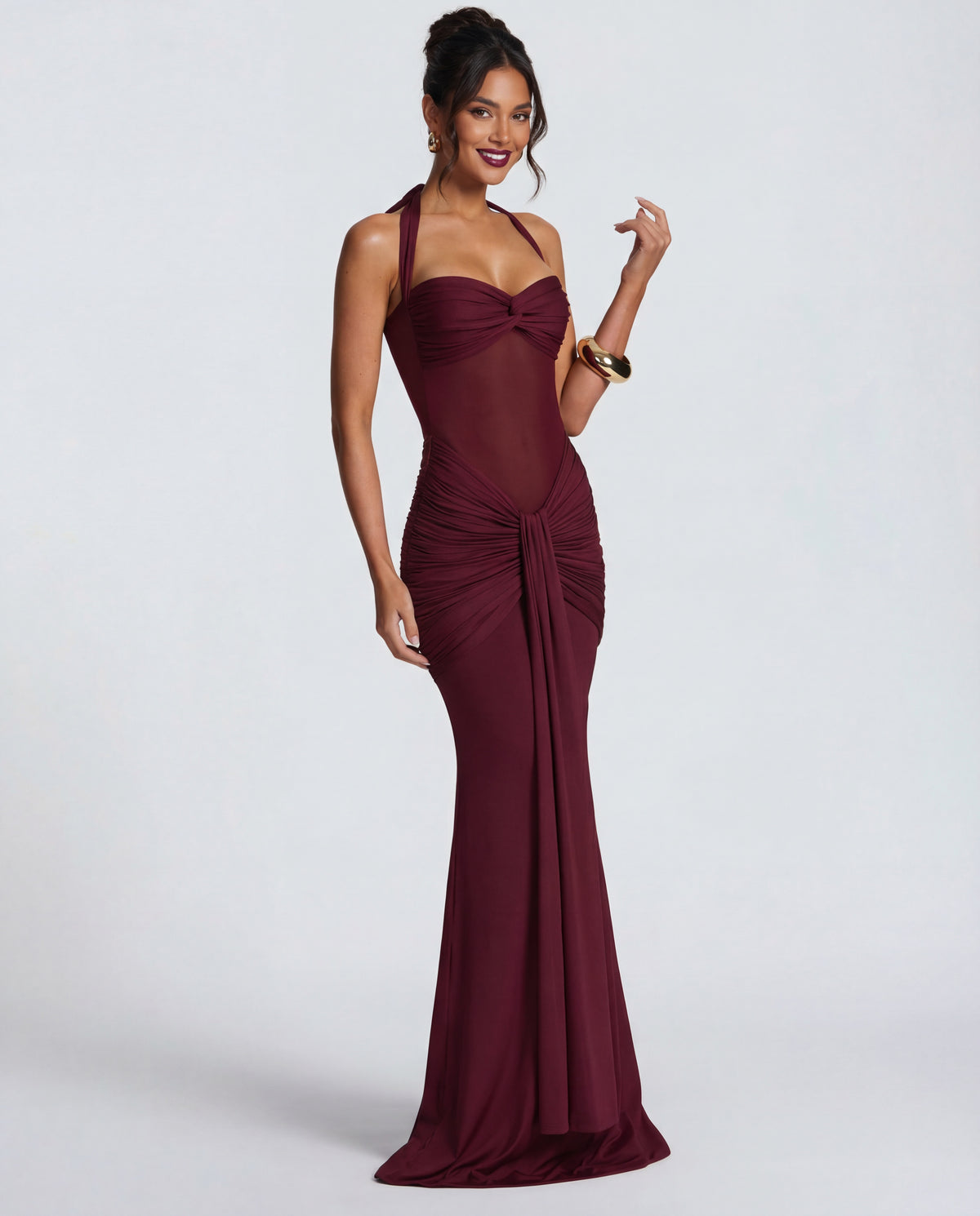 Rosabella | Radiant Yellow Halter Neck Ruched Maxi Dress