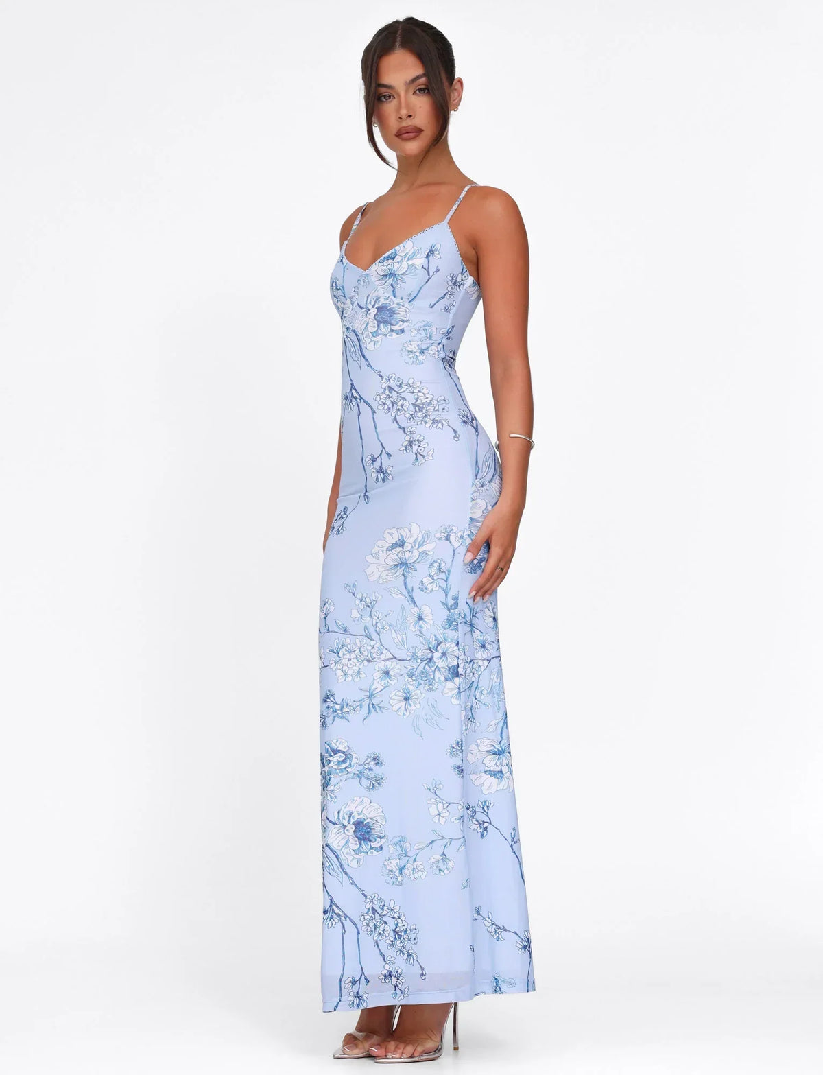 Julie | Elegant Printed Sleeveless Rose Stripe Flowy Maxi Dress
