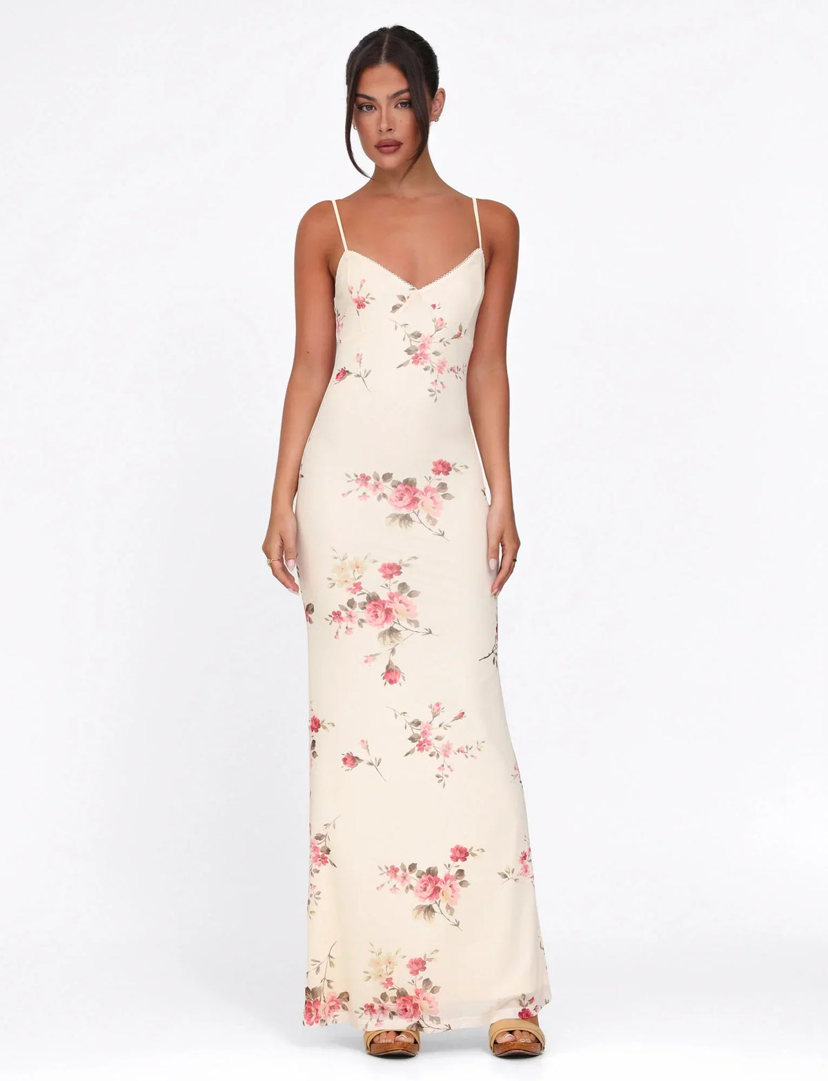 Julie | Elegant Printed Sleeveless Rose Stripe Flowy Maxi Dress
