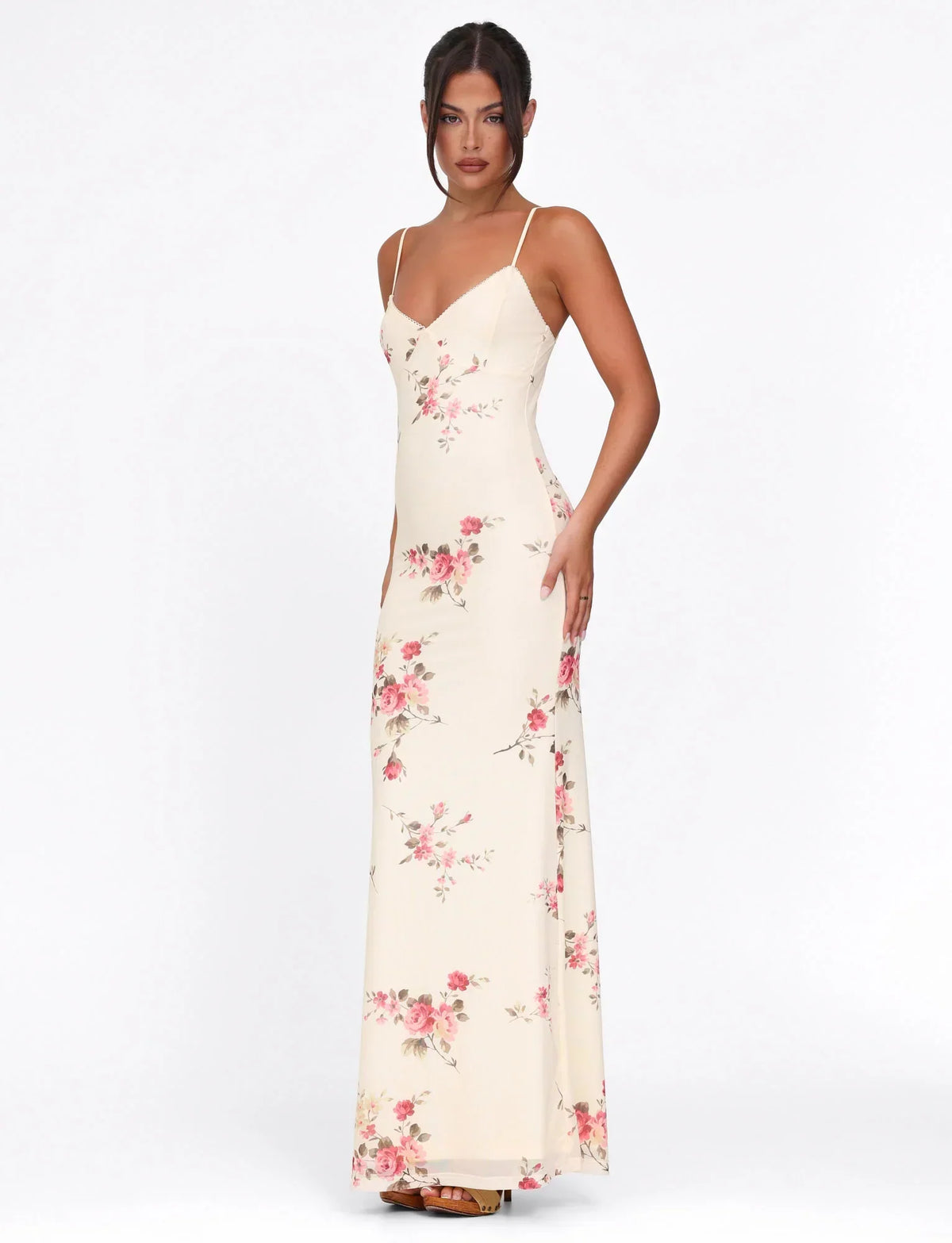 Julie | Elegant Printed Sleeveless Rose Stripe Flowy Maxi Dress