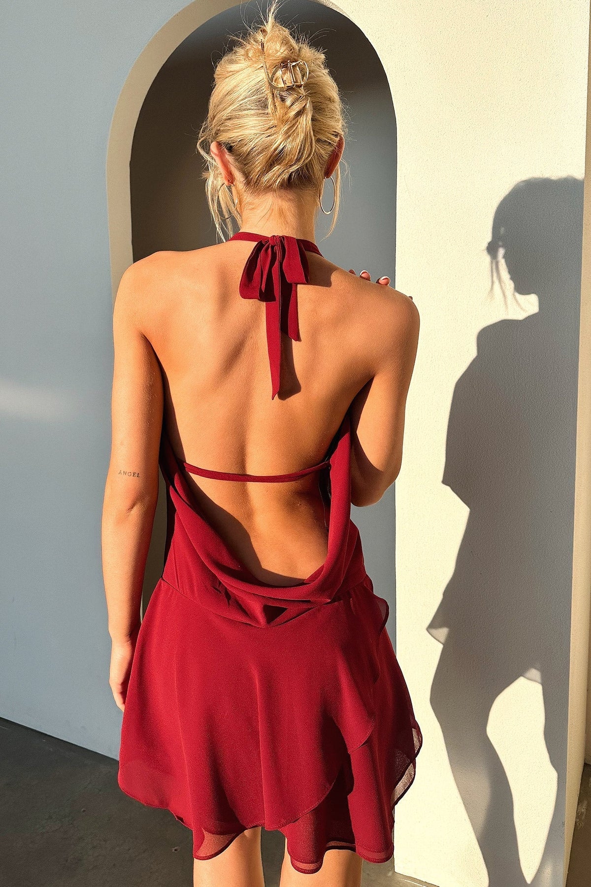 Coco | Flowy Open Back Plunge Halter Mini Dress