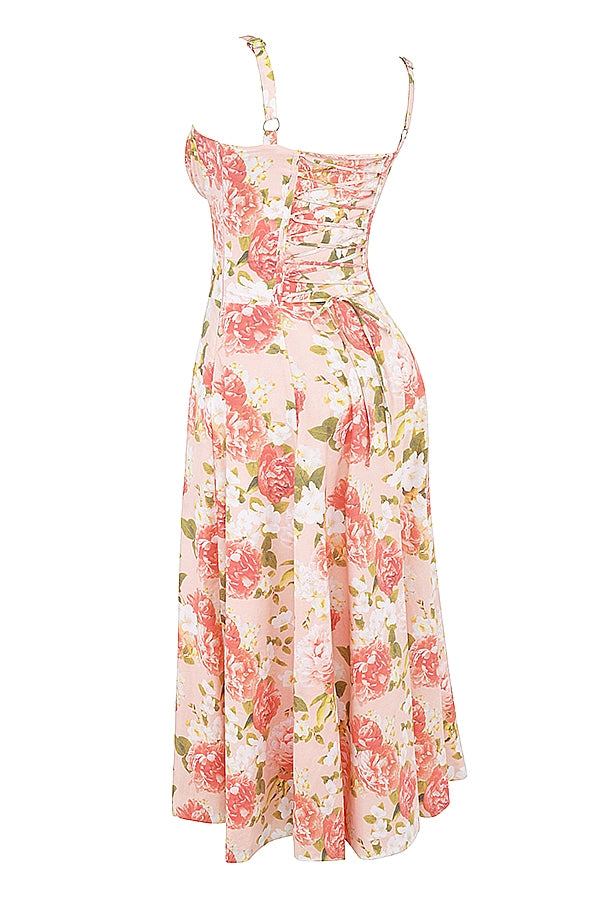 Carmen | Pink Peony Lace Up Back Floral Side Split Midi Dress