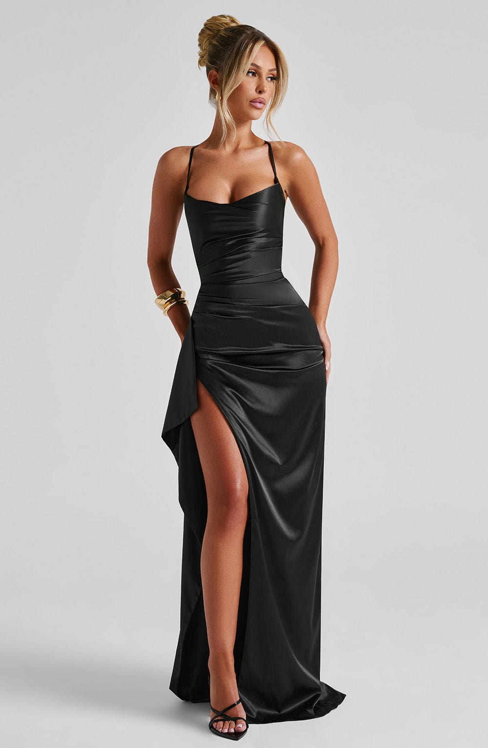 Helen | Twist Cowl Lace Up Satin Black Maxi Dress with Thigh Split