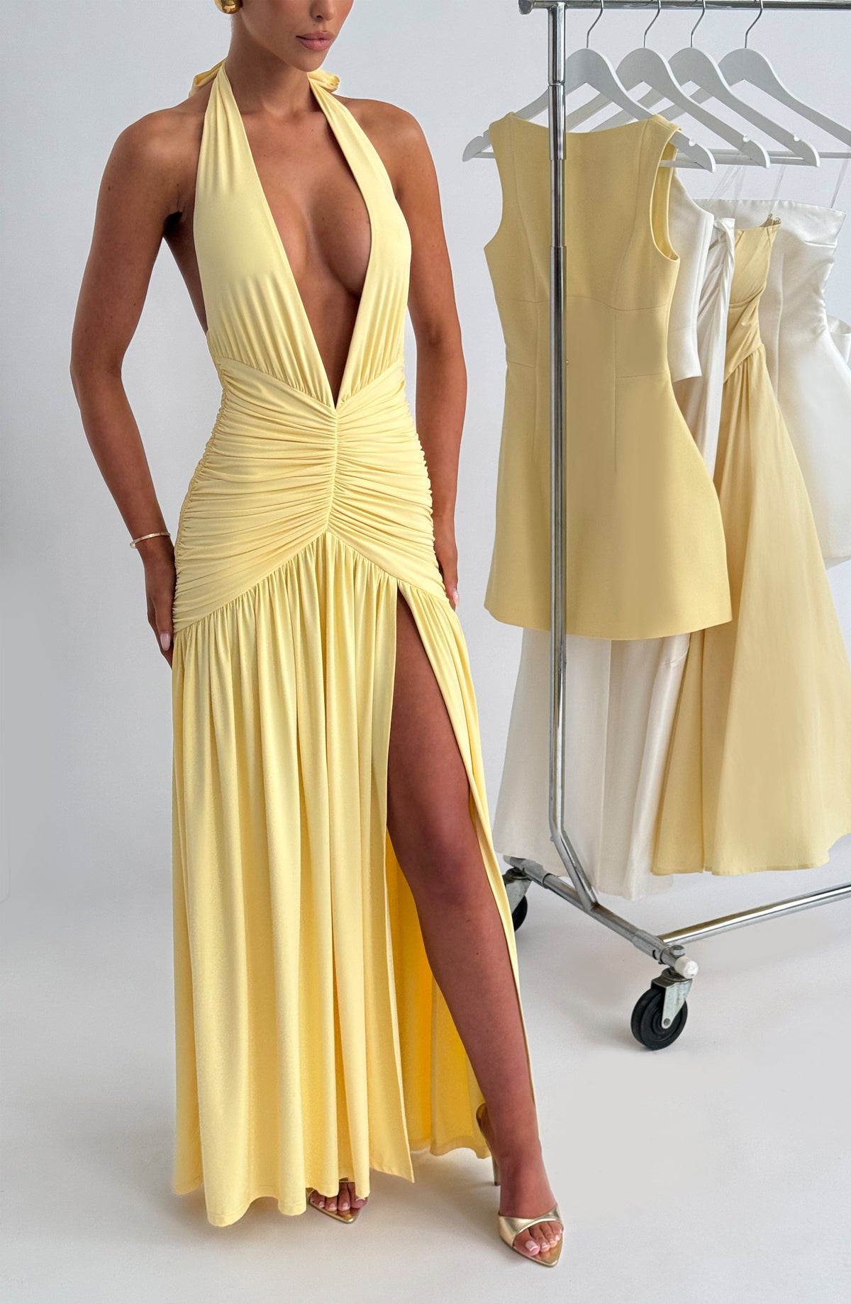 Melania | Women's Lemon Halterneck Maxi Dress with Thigh Split
