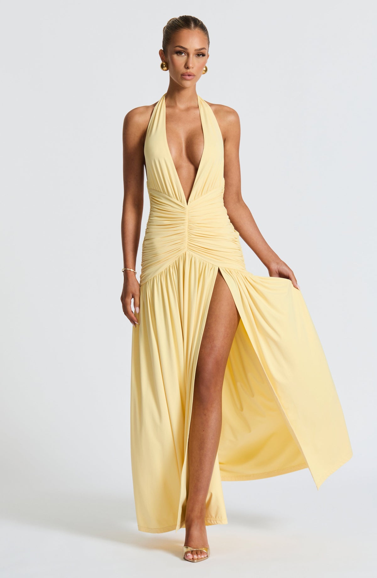 Melania | Women's Lemon Halterneck Maxi Dress with Thigh Split