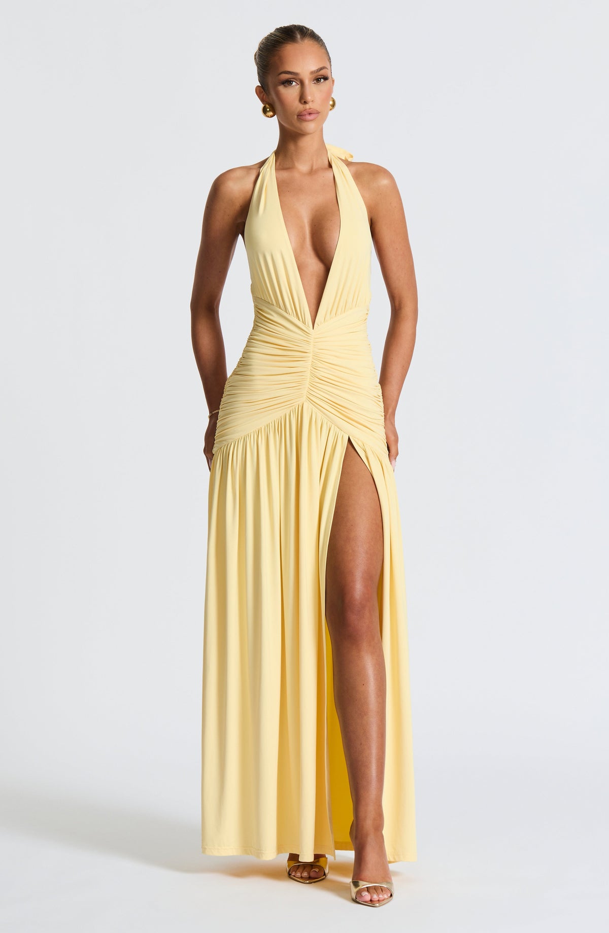 Melania | Women's Lemon Halterneck Maxi Dress with Thigh Split
