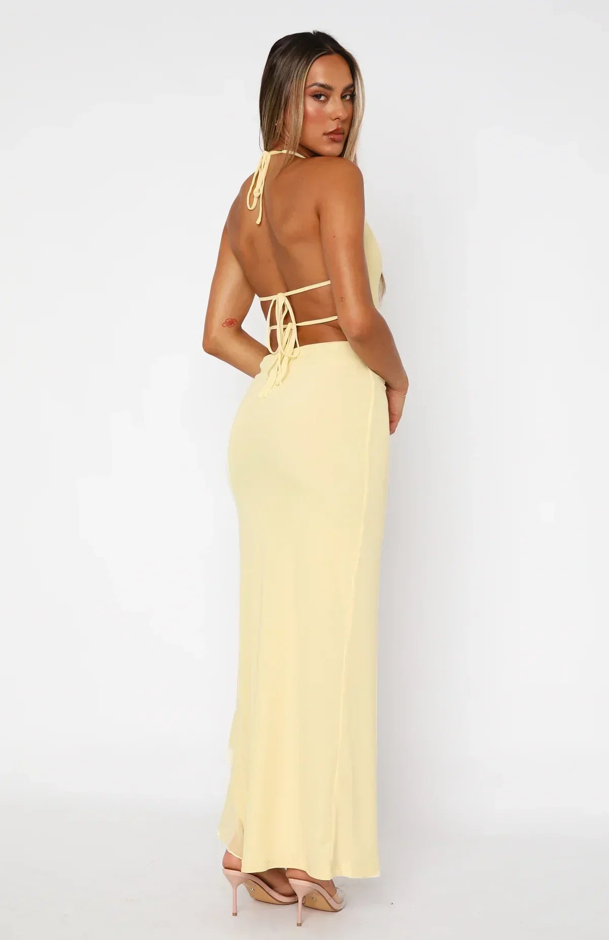 Heat | Plunge Neckline Ruffled Thigh-High Slit Maxi Dress