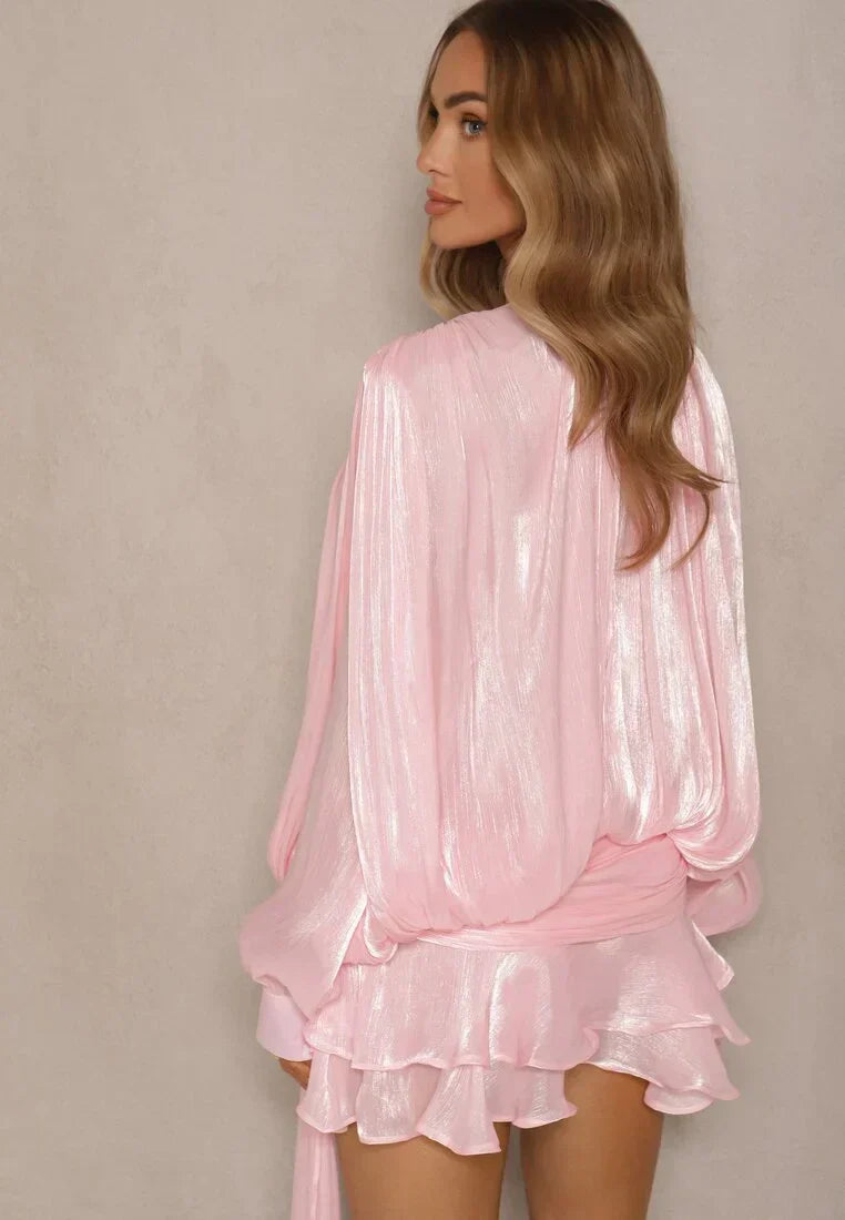Sol | Long Sleeve Tiered Ruffle Pleated Luster Mini Dress