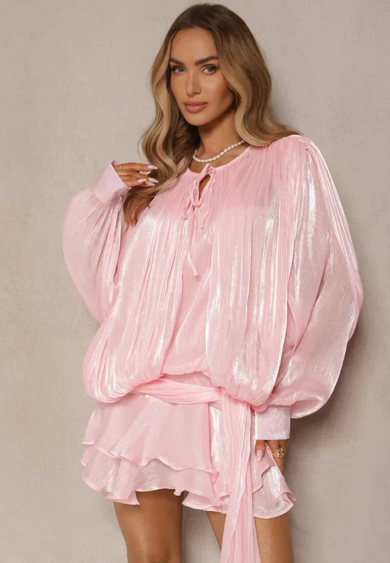 Sol | Long Sleeve Tiered Ruffle Pleated Luster Mini Dress