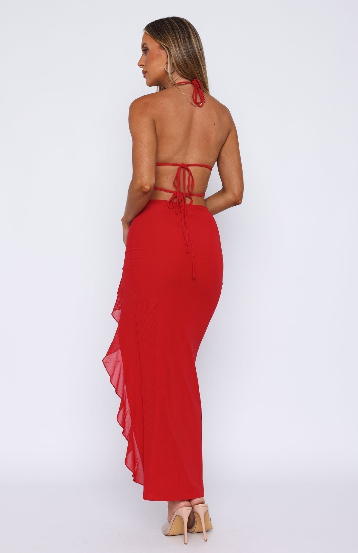Heat | Plunge Neckline  Ruffled Thigh-High Slit Maxi Dress