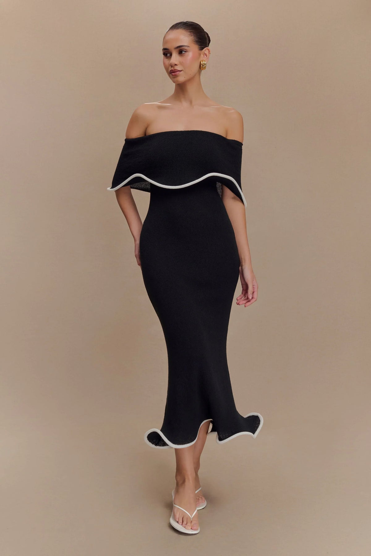 Melania | Textured Knit Ruffle Trim Off-The-Shoulder Midi Dress