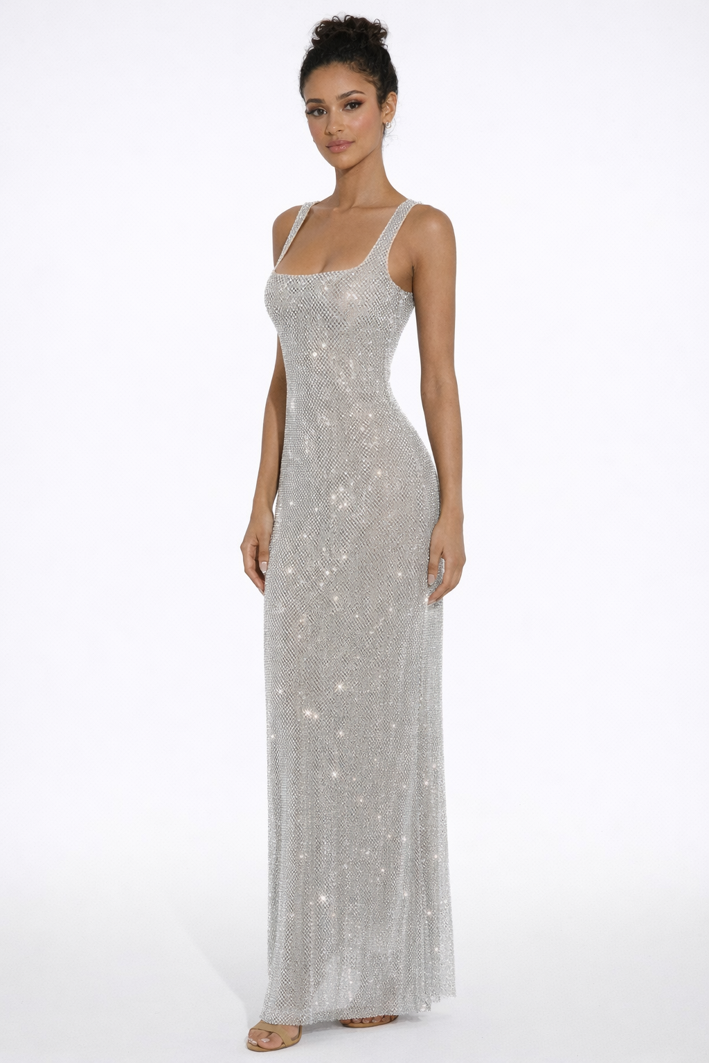 Olivia | Embellished Square Neck Crystal Mesh Maxi Dress