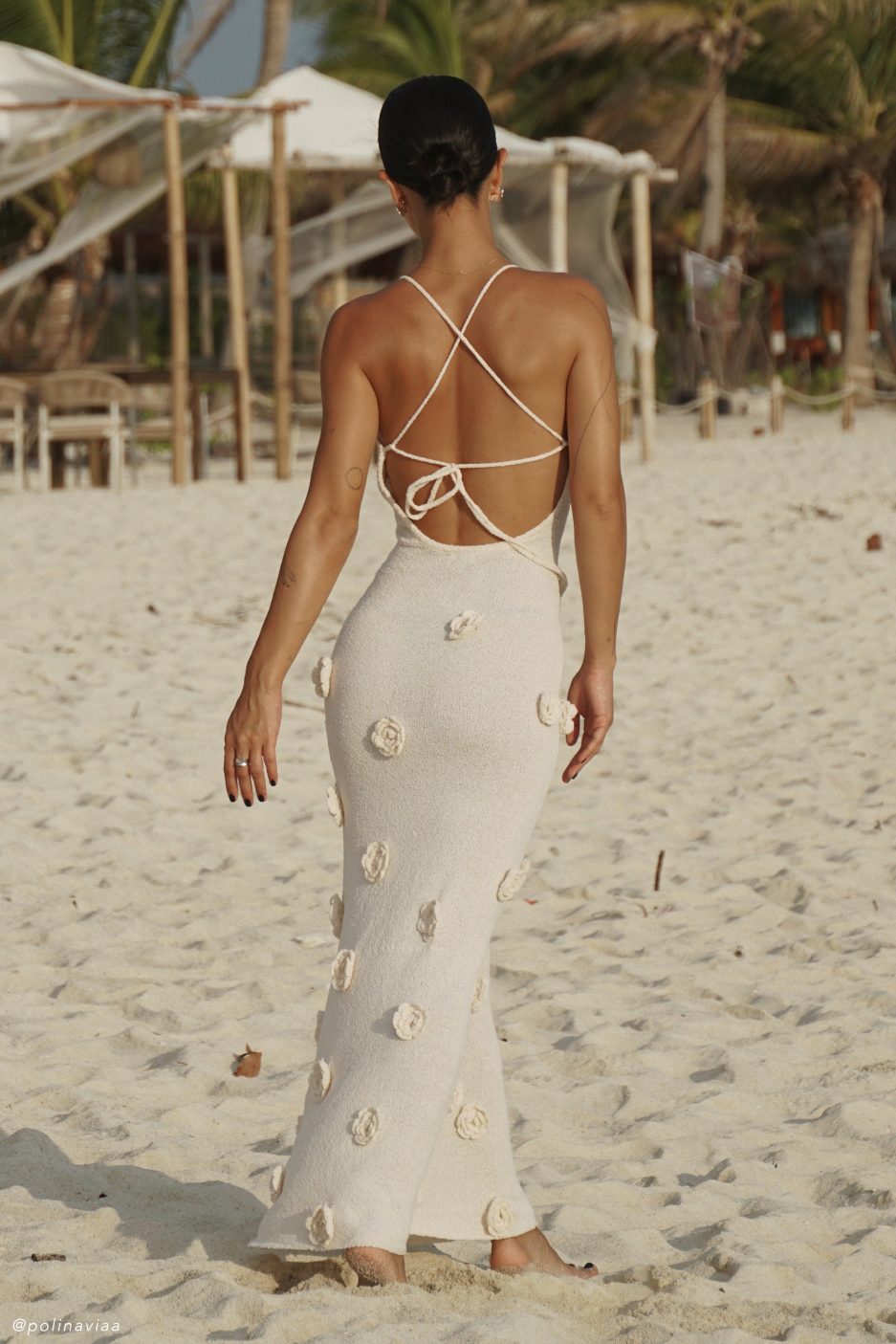 Trice | Lace-Up Open Back V-Neck 3D Floral Knit Maxi Dress
