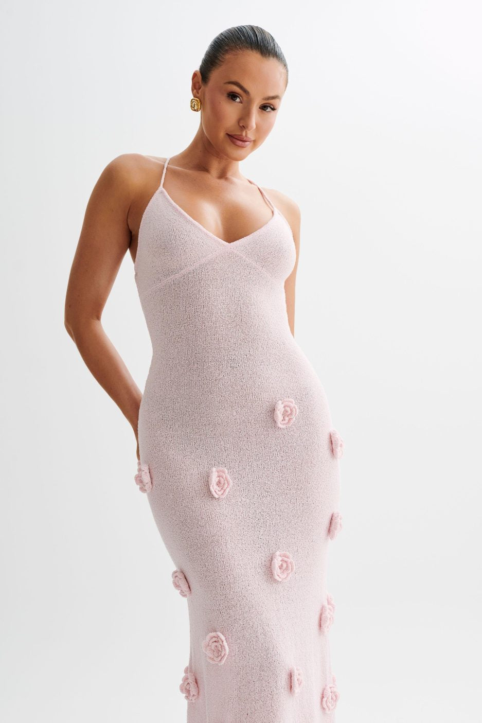Trice | Lace-Up Open Back V-Neck 3D Floral Knit Maxi Dress