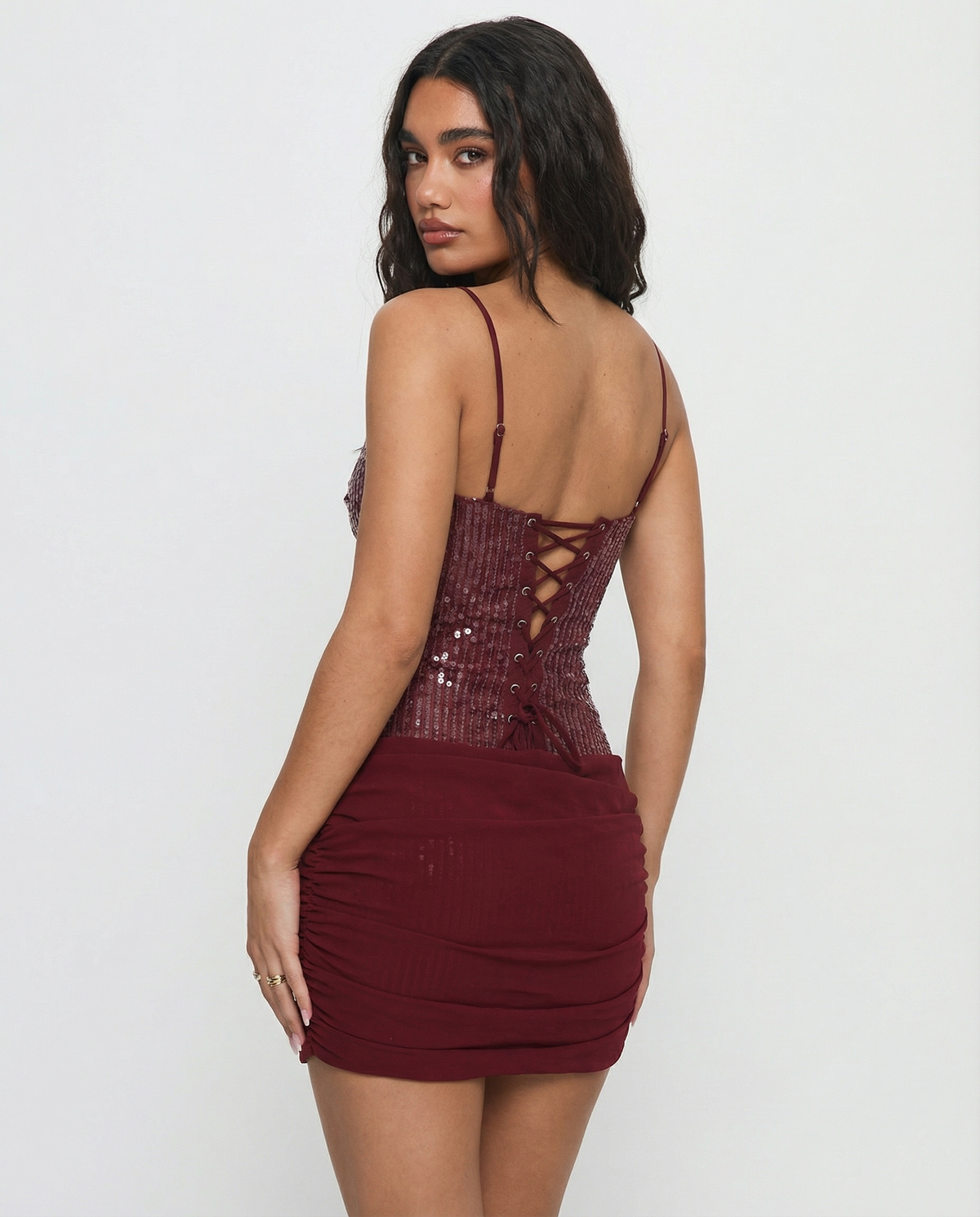 Ayana | Draped Skirt Sequin Bodice Lace-Up Mini Dress