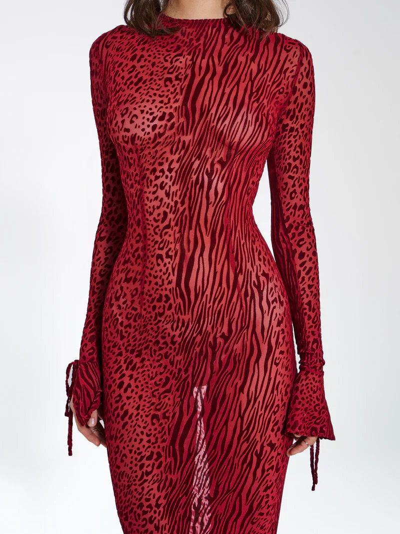 Lariza | Animal Print Semi-Sheer Sculpted Print Mesh Maxi